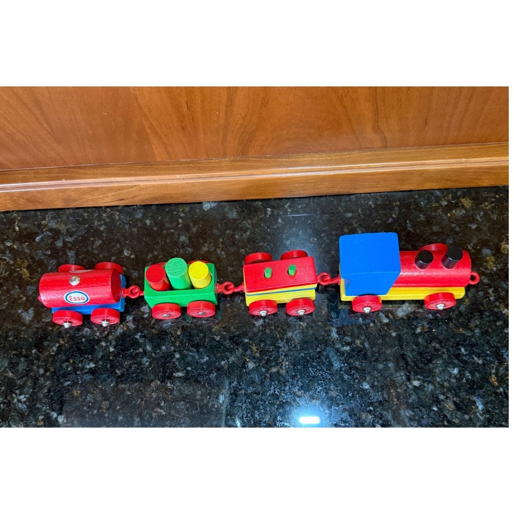 Vintage HEROS Wooden Toy Train Set Western Germany Esso Tanker 4 Piece Set